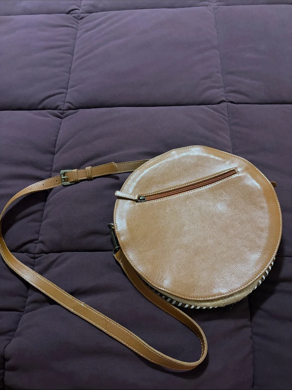 Myra Bag Hand-Tooled Round Crossbody in Brown with Cream Trim
